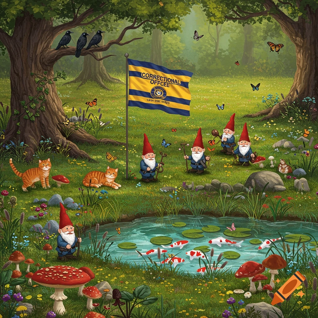 Illustration of gnomes, cats, ravens, butterflies, mushrooms, and a flag in a meadow with a pond.