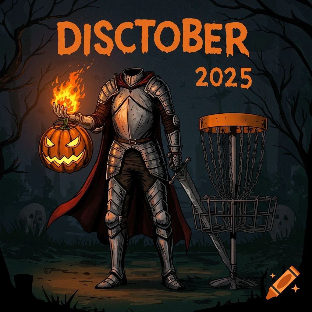 A headless knight holding a flaming jack-o'-lantern stands next to a disc golf basket in a spooky forest. Retro cartoony art style with text "DISCTOBER 2025".