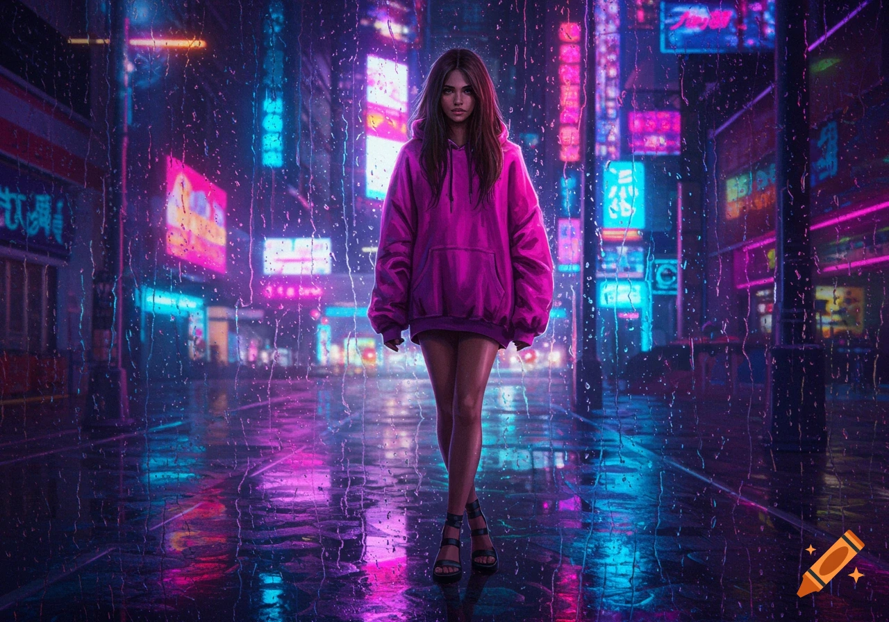 Woman in a hoodie and sandals walking in the rain in a neon city at night.