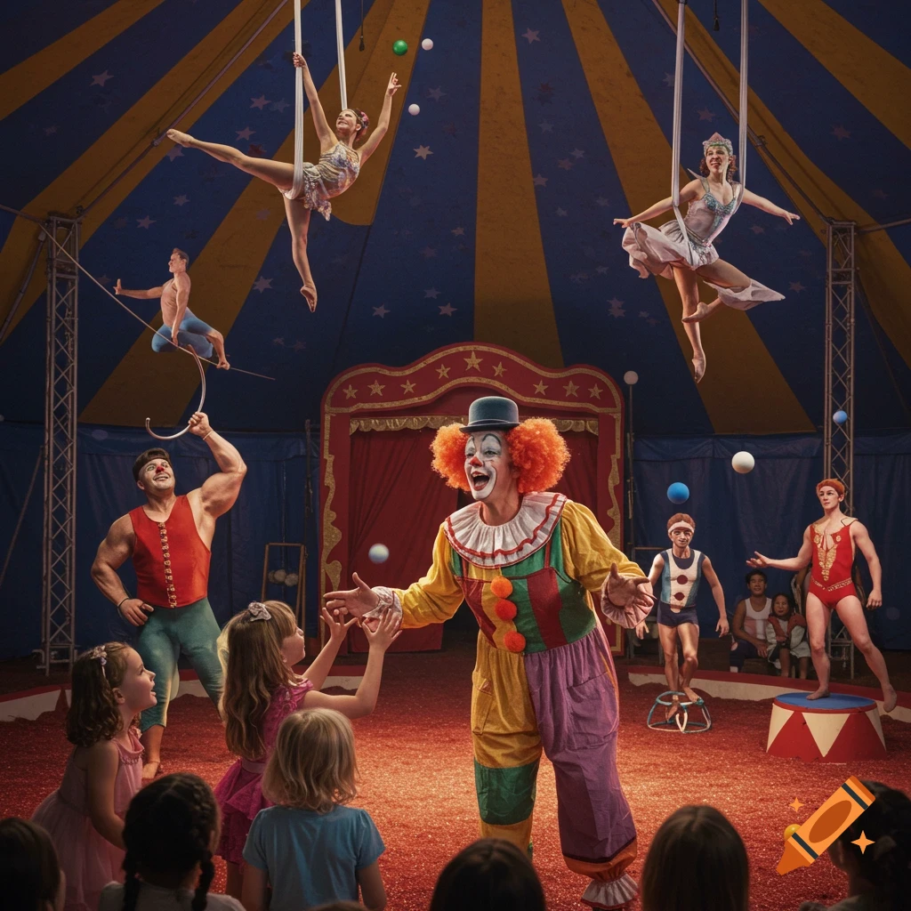 A clown interacts with children in the foreground while acrobats swing and other performers stand in a circus tent.