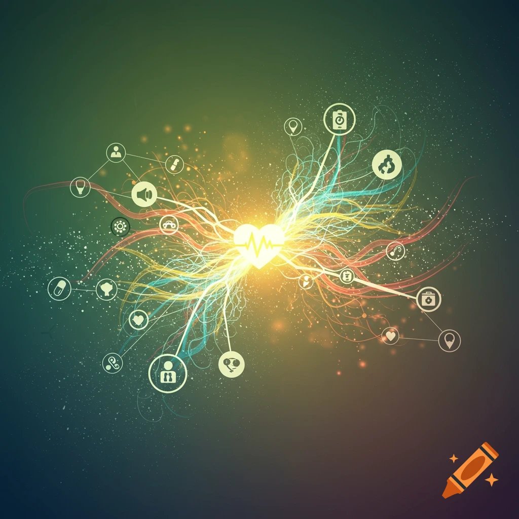 Abstract network of healthcare and technology icons connected to a glowing heart with a lifeline symbol.