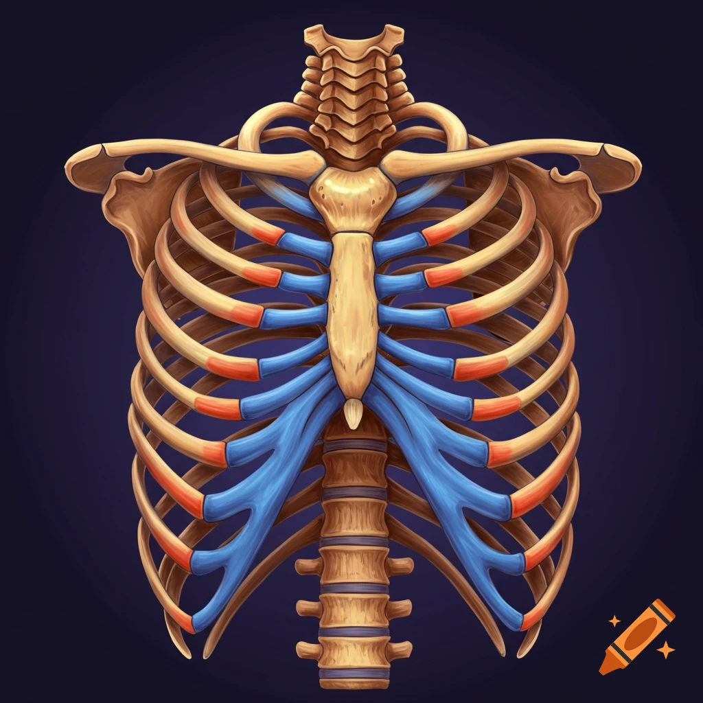A human rib cage diagram with blue and orange highlights.