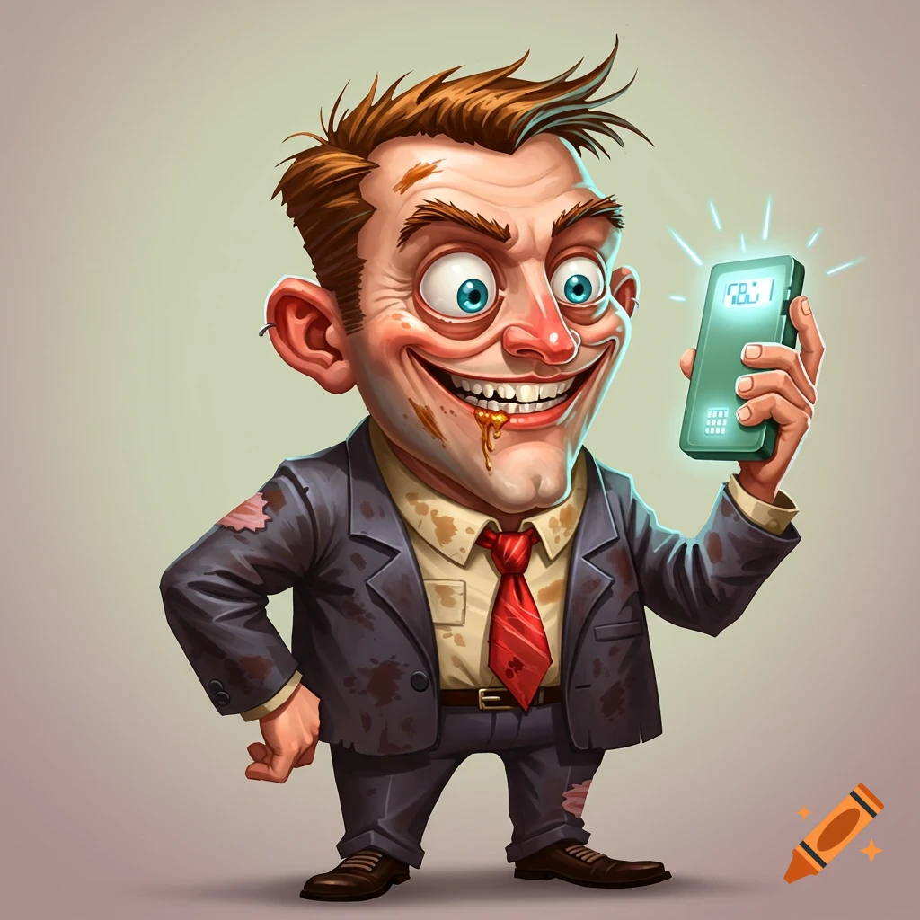 Cartoon illustration of a grinning dirty man in a suit holding a phone
