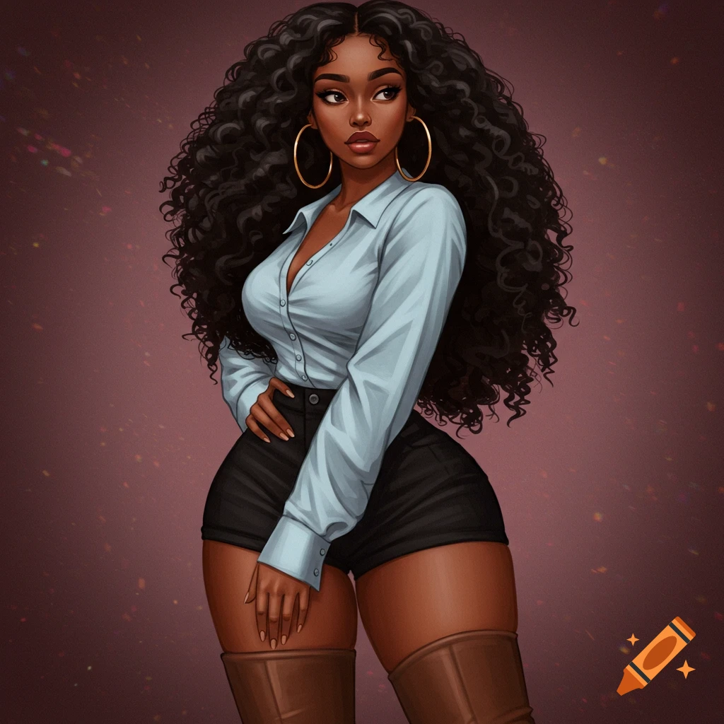 An African American woman with long curly hair wearing a light blue shirt, black shorts, and brown boots.