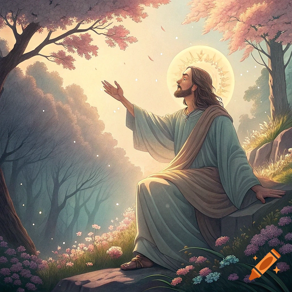Jesus sits on a rock in a flowering forest, hand extended towards soft glowing lights, with a halo.