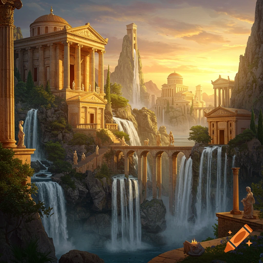 An ancient city with temples, waterfalls, and statues at sunset