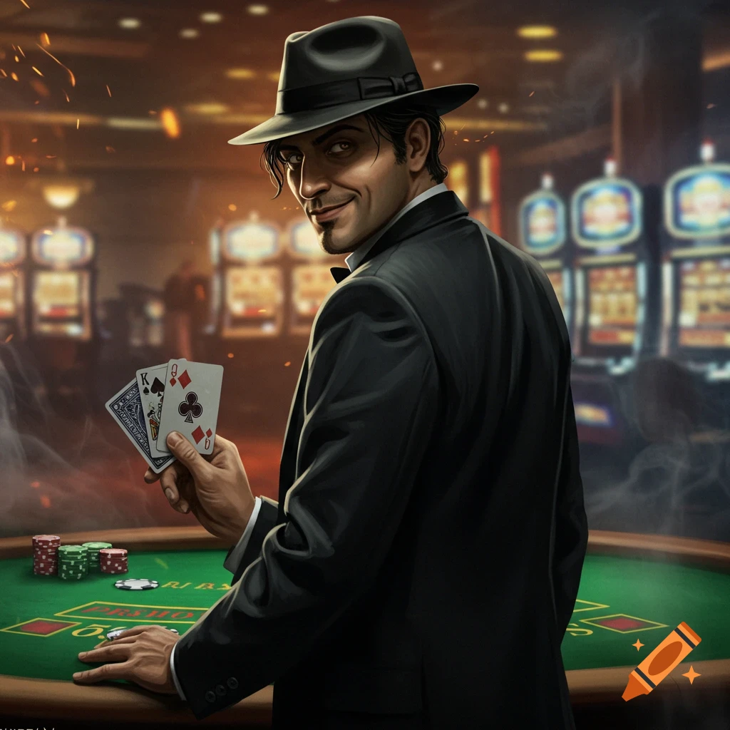 A man in a fedora and suit holds playing cards in a casino.