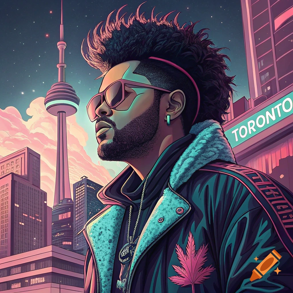 Anime style portrait of a man with sunglasses and distinctive hair in front of the Toronto skyline with the CN Tower.
