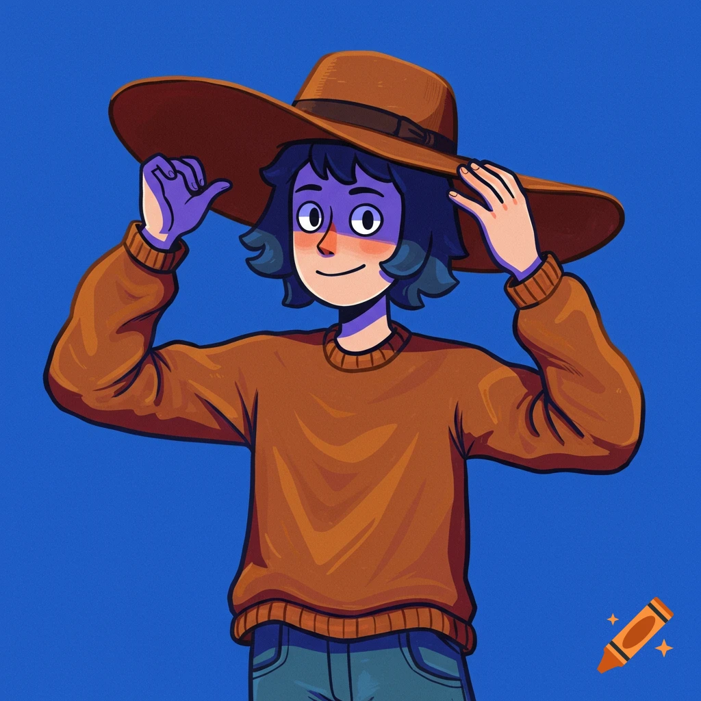 A cartoon drawing of a person wearing a large brown hat and orange sweater against a blue background.