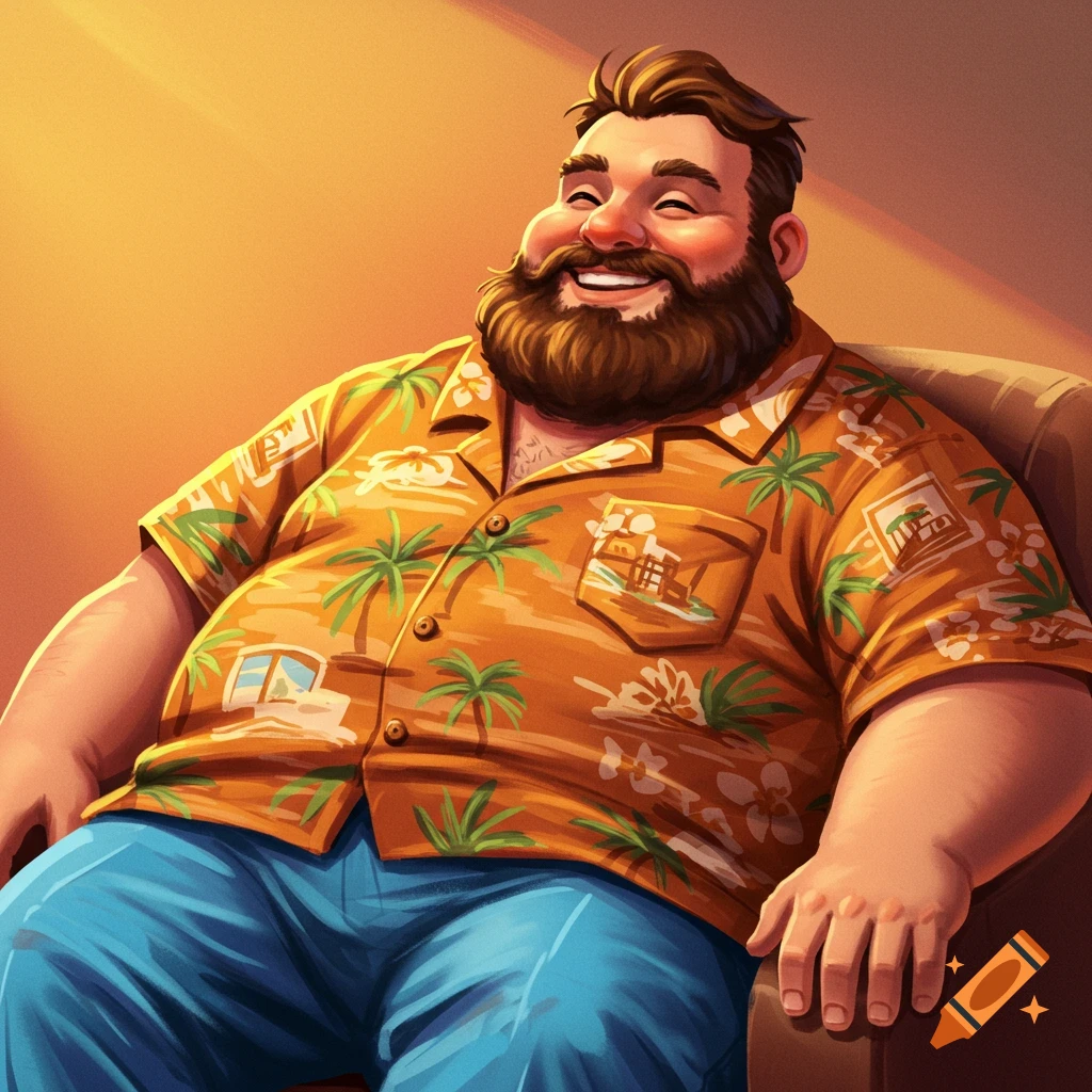 A smiling heavyset man in a Hawaiian shirt sits in a chair.