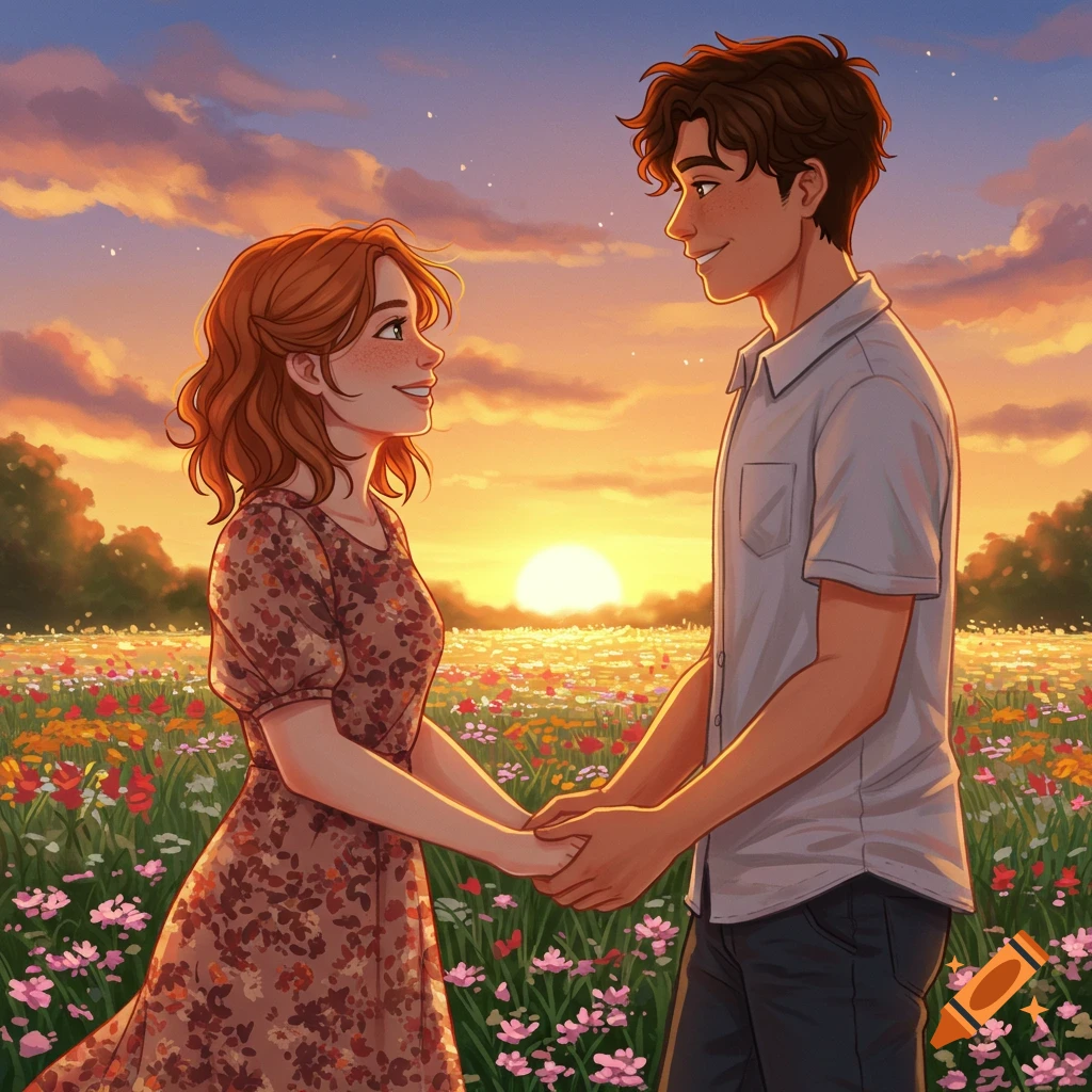 Couple holding hands in a flower field at sunset.
