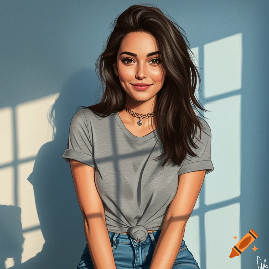 A smiling woman in a gray t-shirt and blue jeans, seated in a room with sunlight casting window shadows.