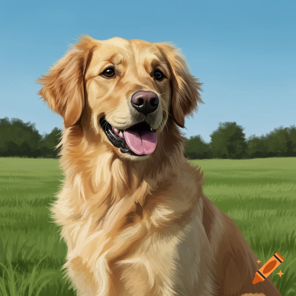 A golden retriever sitting in a grassy field under a blue sky