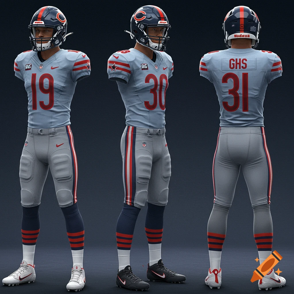 Three views of a custom football uniform with light blue jersey, grey pants, and navy helmet.