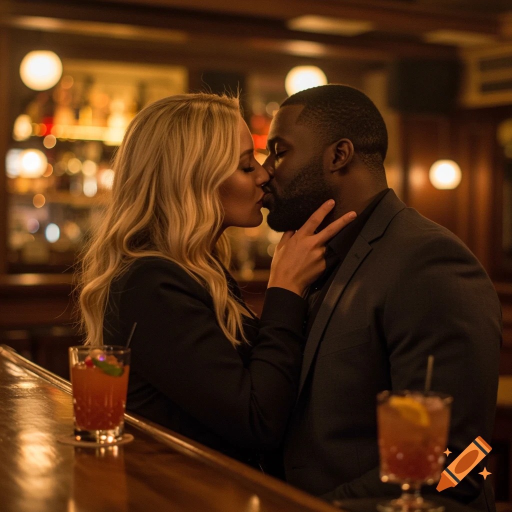 A couple kisses passionately at a bar in a dimly lit, cinematic scene.