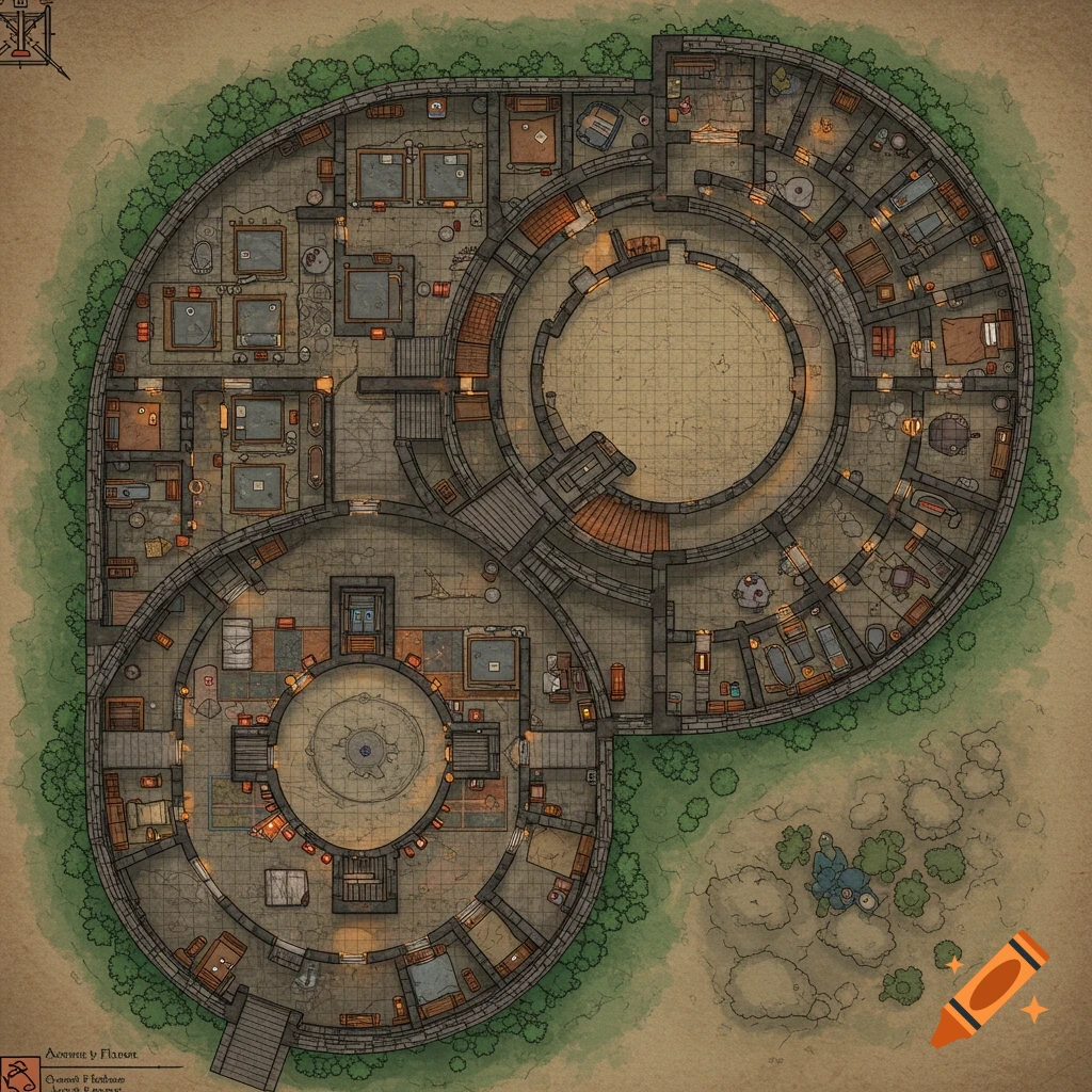 Top-down fantasy battle map of a large circular fortress or tower with multiple rooms and grid lines, in a drawn style.