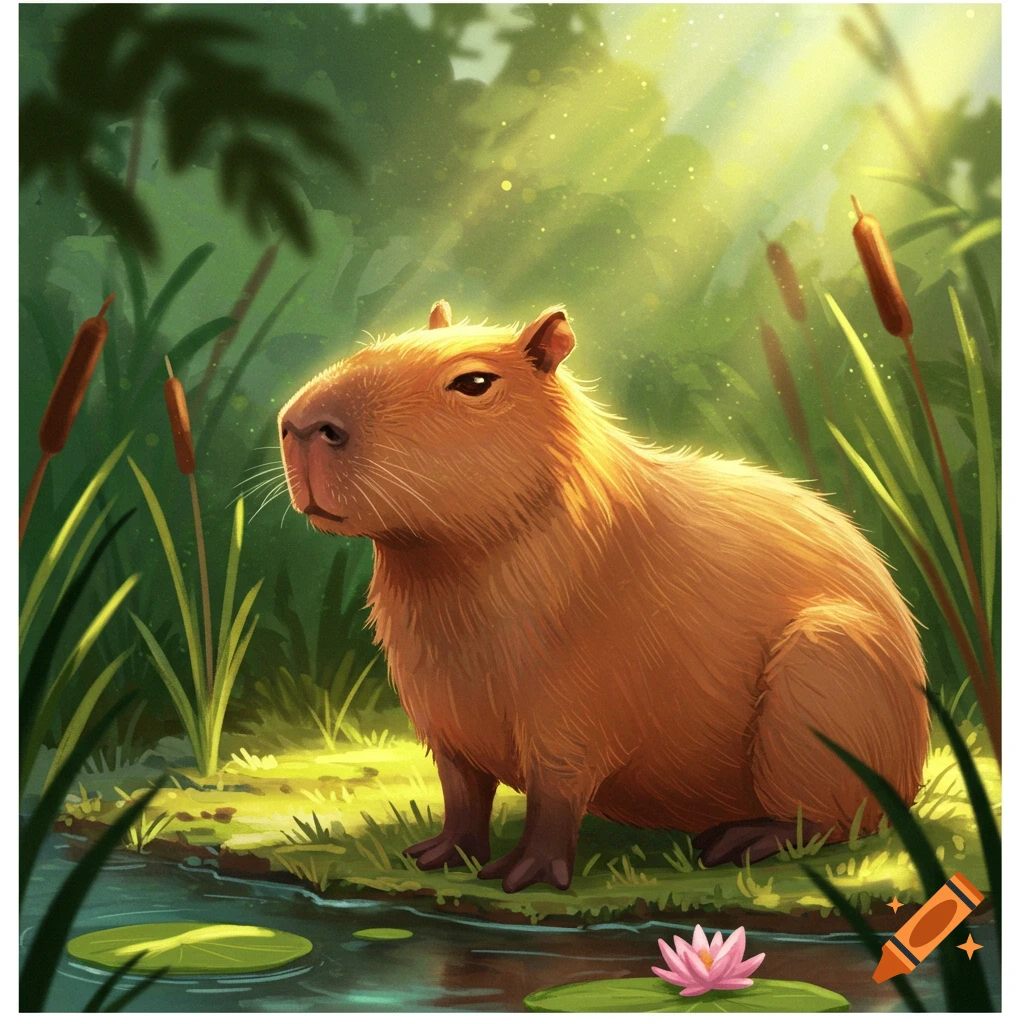 A capybara sitting by water in a forest clearing.