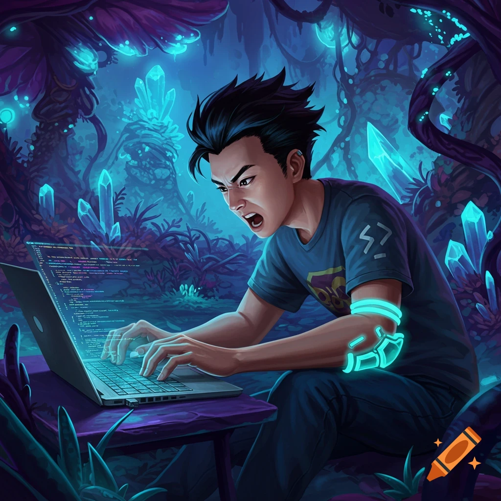 A person is coding on a laptop in a glowing fantasy forest filled with crystals.