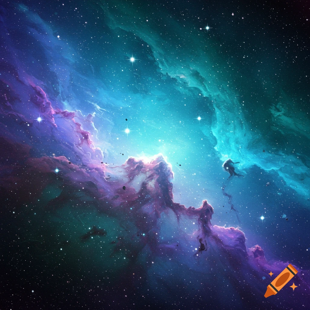 A vibrant purple and blue nebula with stars and small figures exploring.