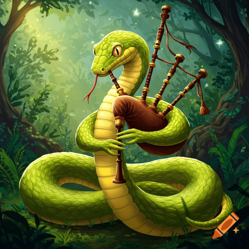 A green snake plays bagpipes in a forest.