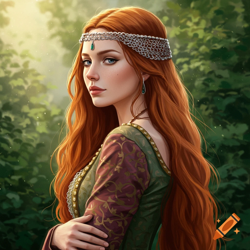 A woman with long red hair and a jeweled headband in a medieval gown, looking over her shoulder in a forest.