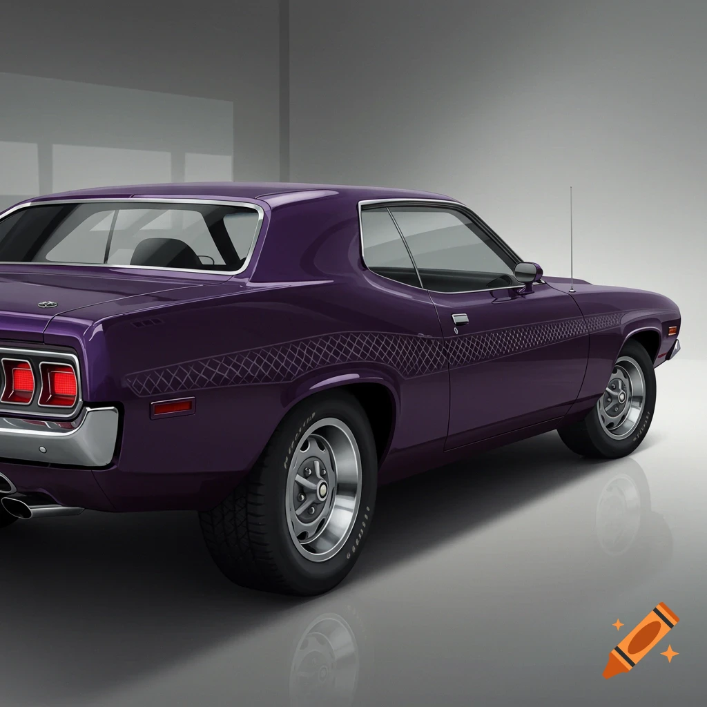 A dark purple classic car with a diamond pattern on the side is parked indoors.