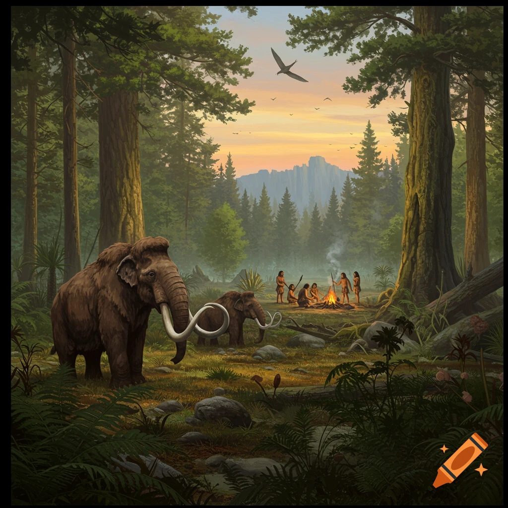 Mammoths and early humans by a campfire in a prehistoric forest with a flying creature.