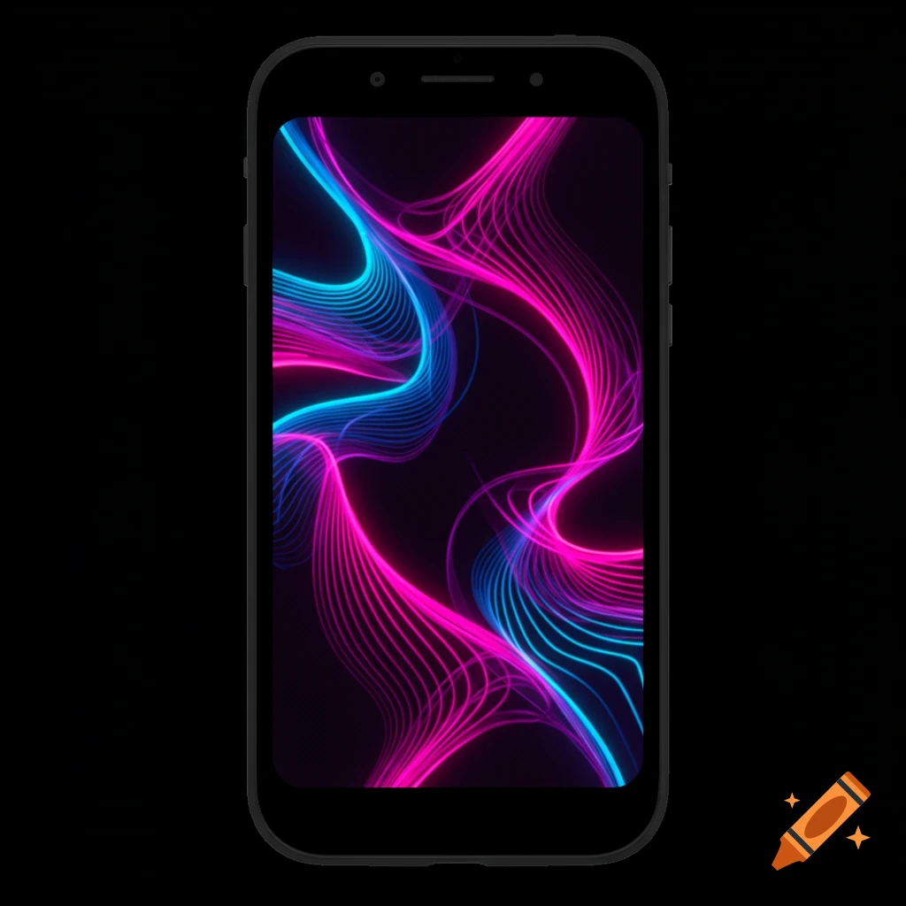 A phone screen displaying abstract flowing lines in neon pink and blue.