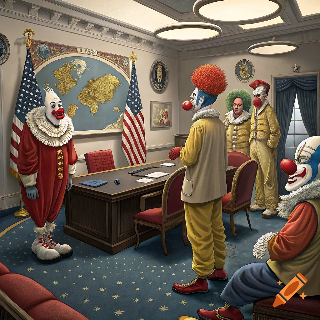 Clowns in a meeting room resembling the White House Situation Room.
