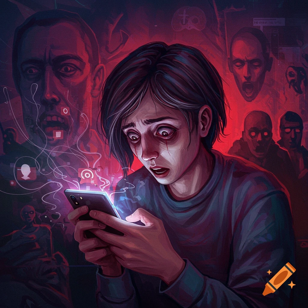 A person looks at a phone with a distressed expression, surrounded by distorted faces, depicting social media anxiety.