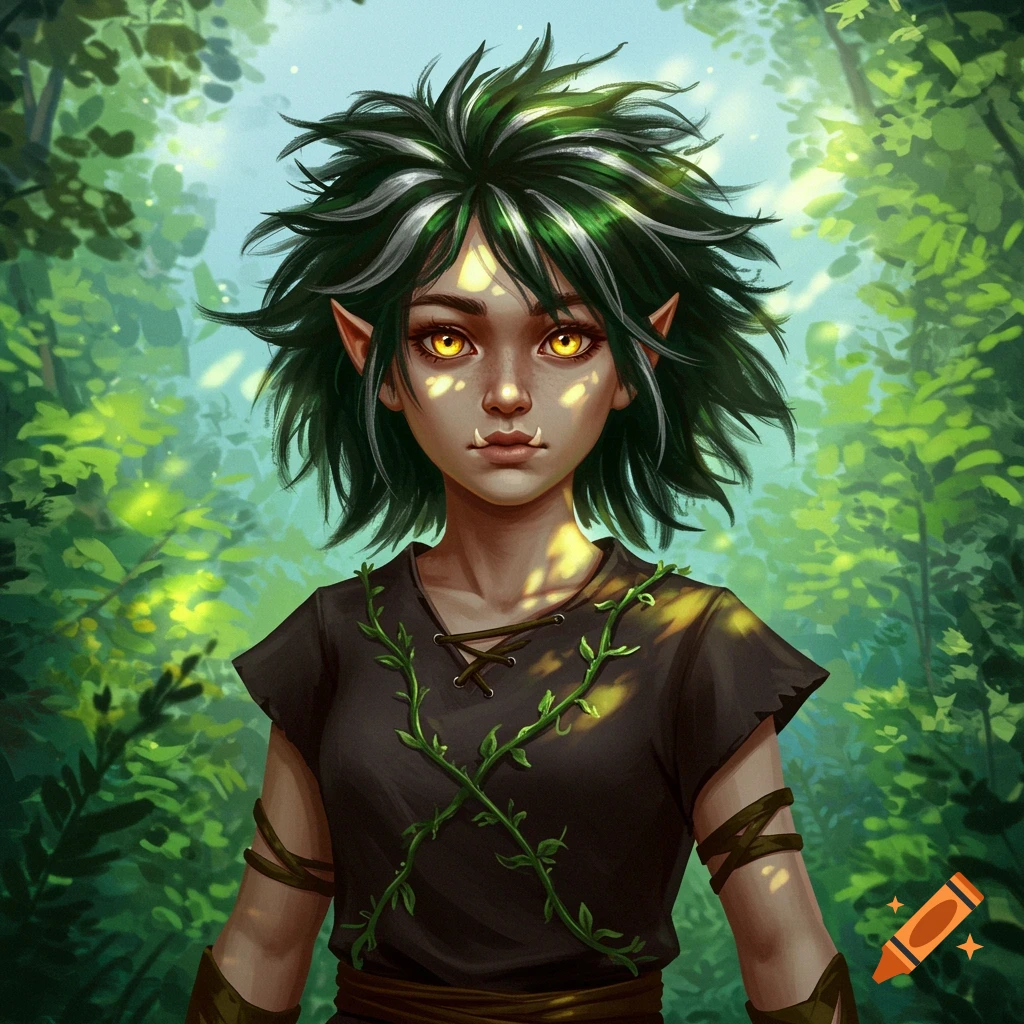 A young fantasy character, a half-elf half-orc, is in a forest with dappled sunlight.