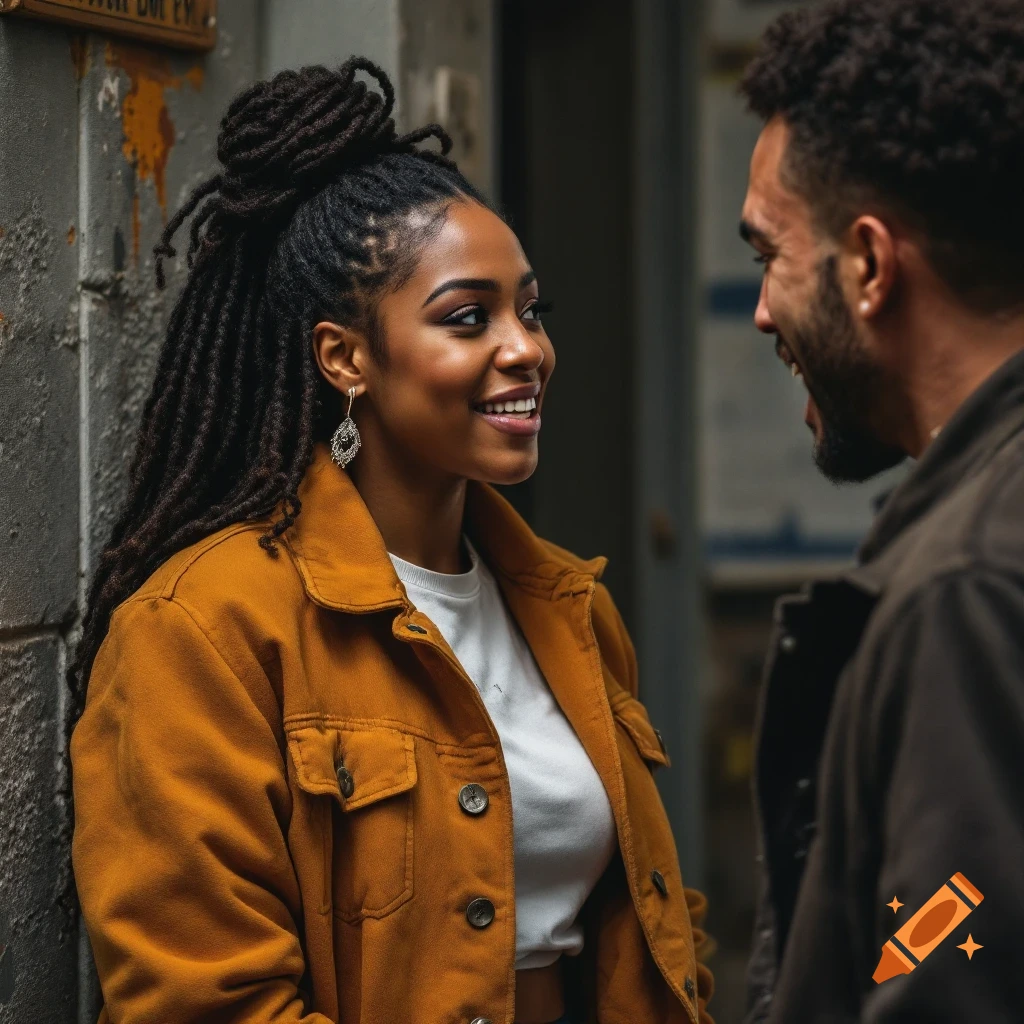 Close-up of a Black woman with locs talking to a man in an alley.