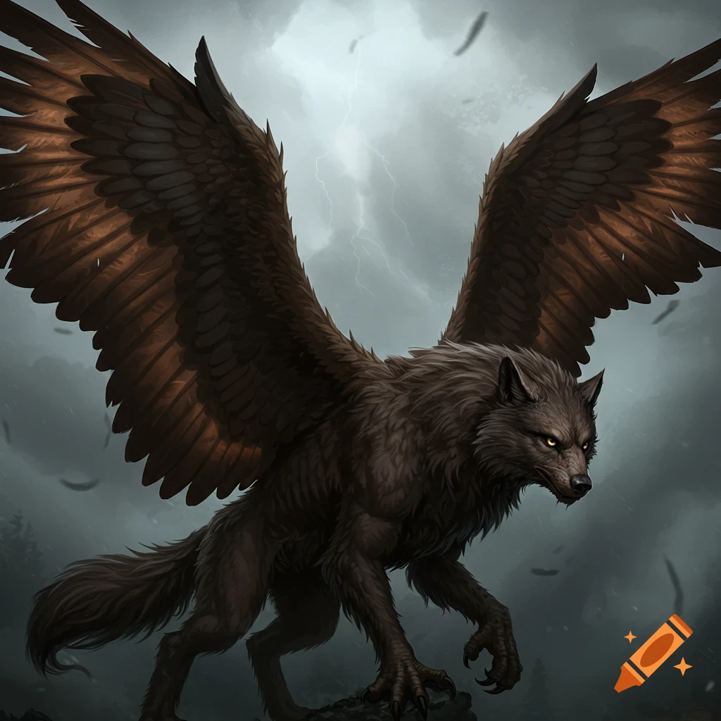 A winged wolf creature with large feathered wings standing on a rock in a stormy sky with lightning.