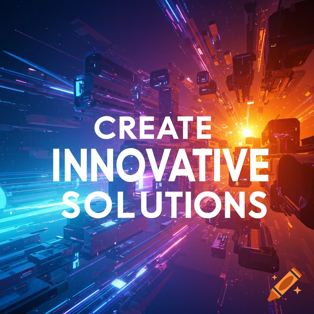 Abstract digital background with futuristic shapes and colorful light streaks. White text reads 'CREATE INNOVATIVE SOLUTIONS'.