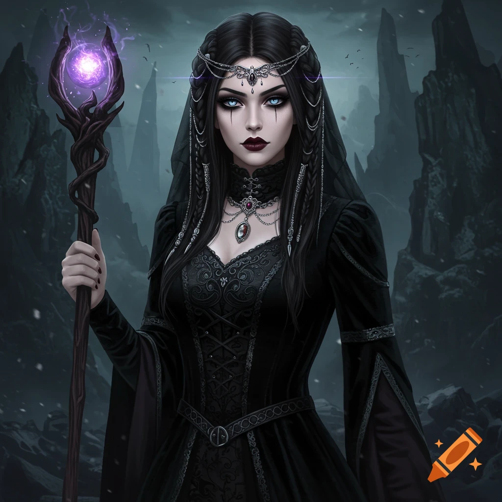 A gothic sorceress holding a glowing staff