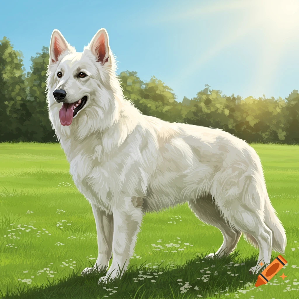 A white German Shepherd dog standing in a sunny, grassy field.