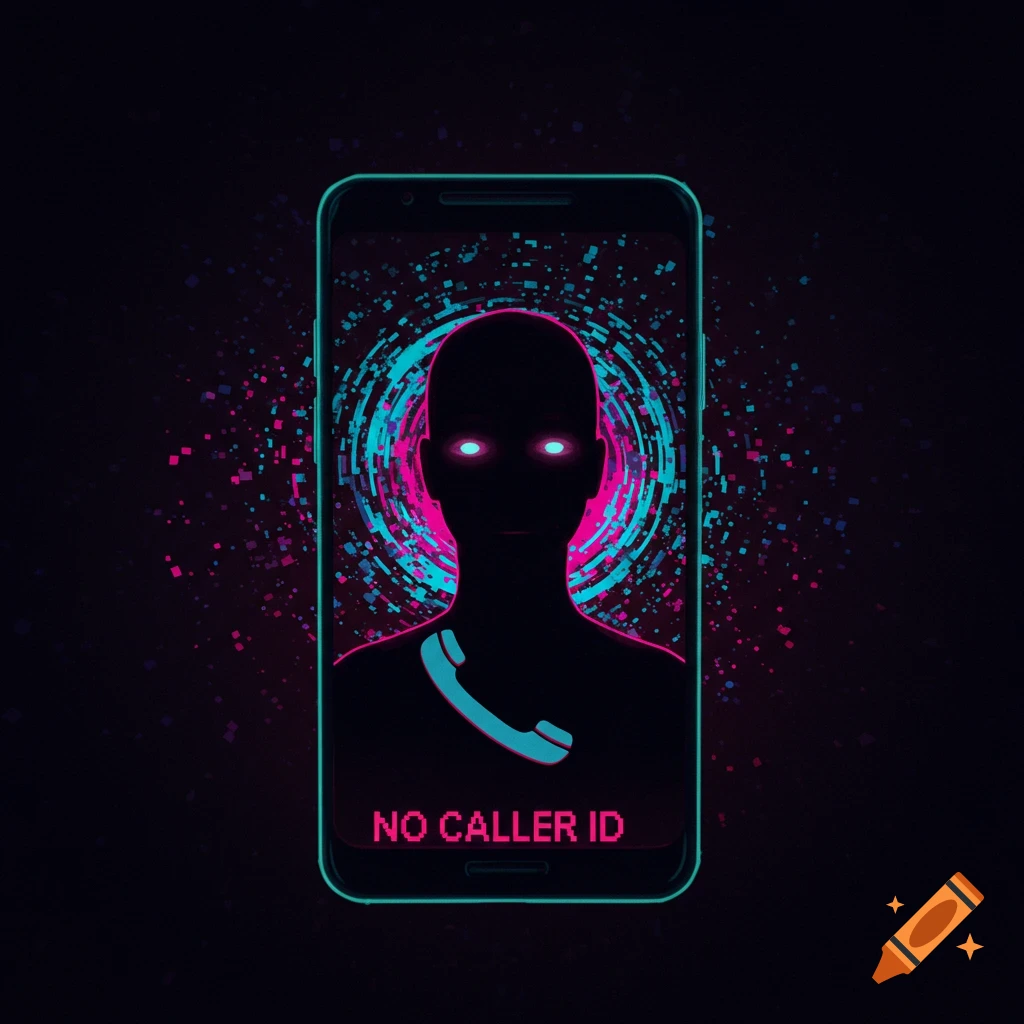 Smartphone screen with silhouette, glowing eyes, glitchy pattern, and text 'NO CALLER ID'.