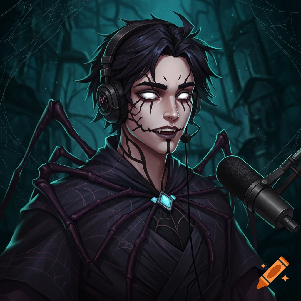 Illustration of a person with spider legs, fangs, and spooky makeup wearing headphones in a dark setting.
