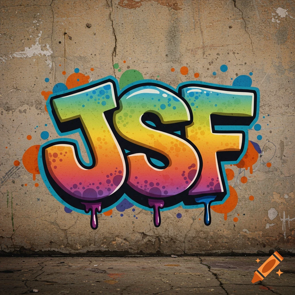Colorful graffiti art spells out the letters JSF on a cracked concrete wall.