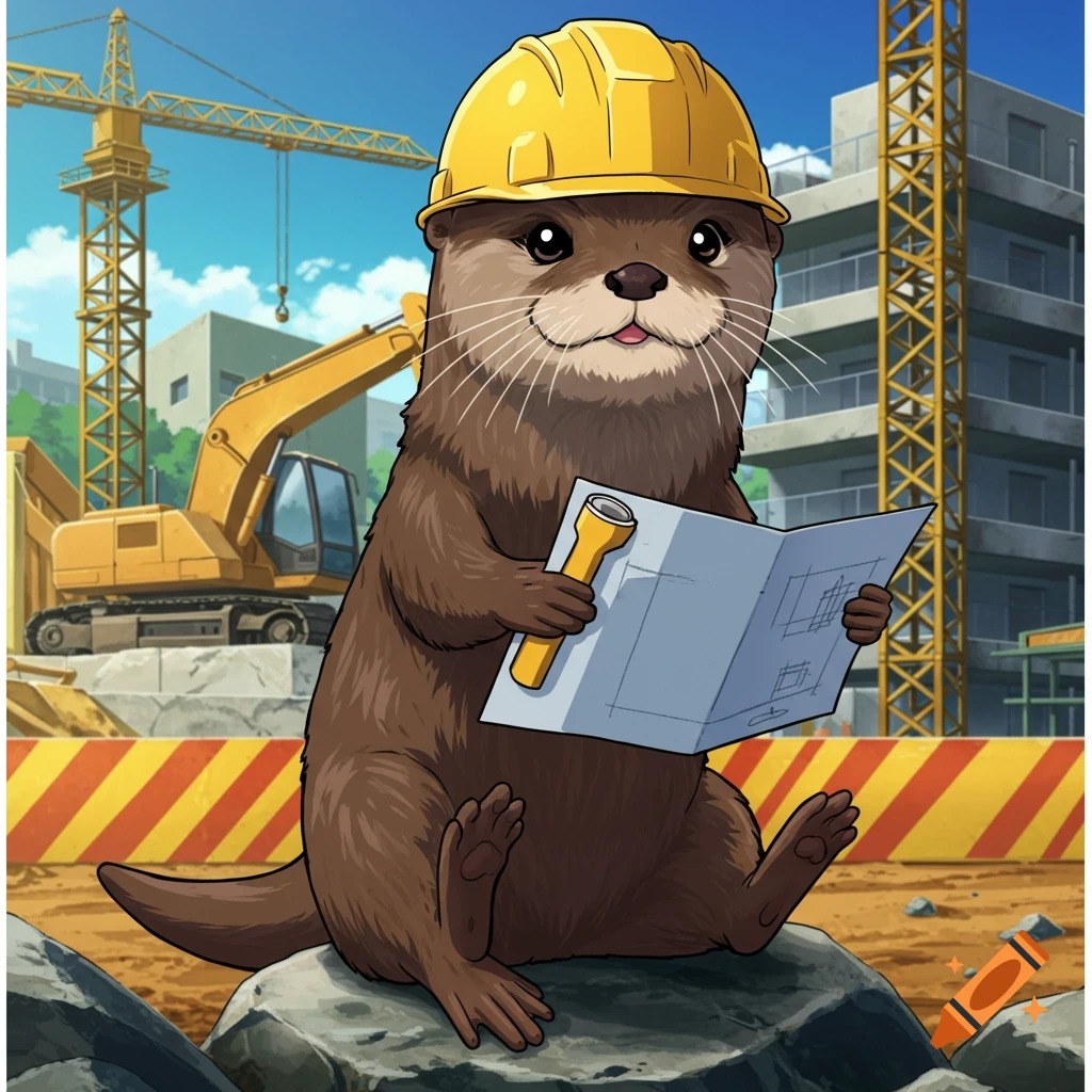 An anime-style otter wearing a hard hat holds blueprints at a construction site.
