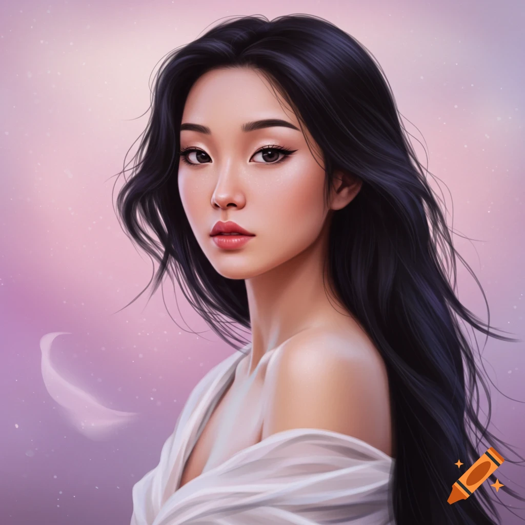A woman with long black hair and white cloth