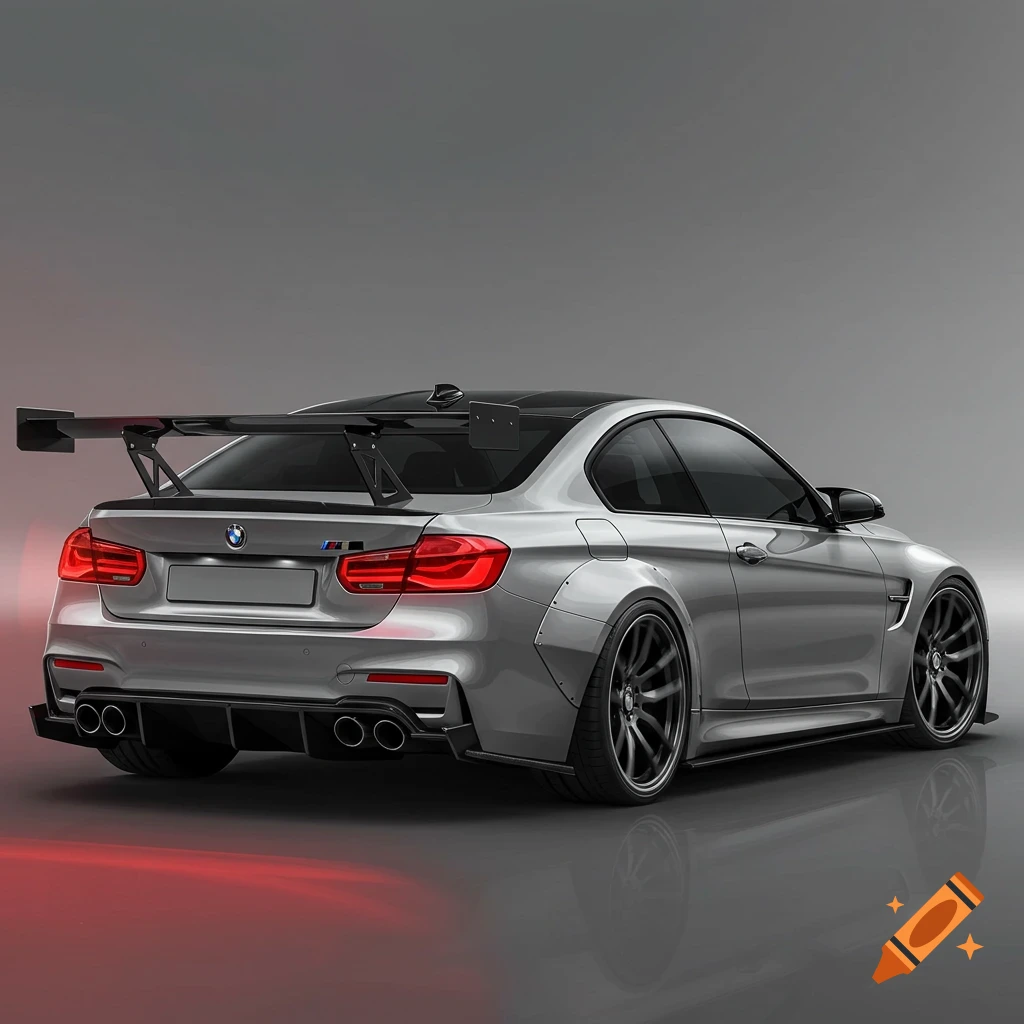 A silver coupe car with a widebody kit and large rear spoiler, angled view from the rear.