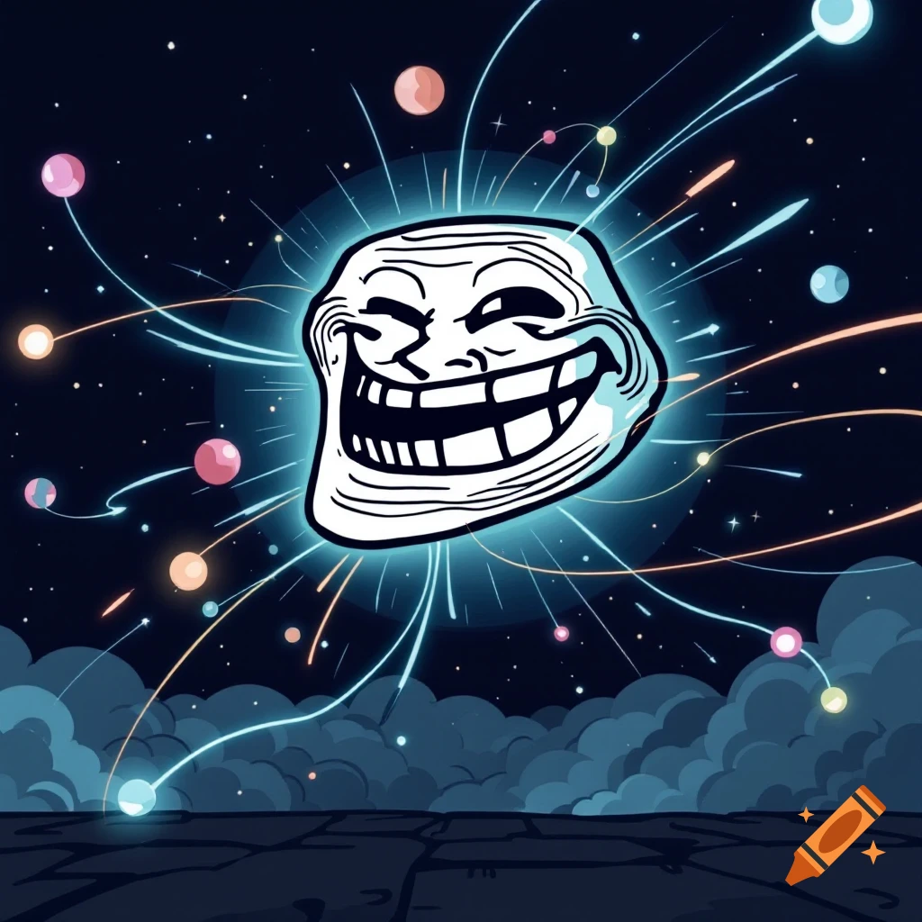 Trollface meme in space with glowing orbs and light trails, comic style.