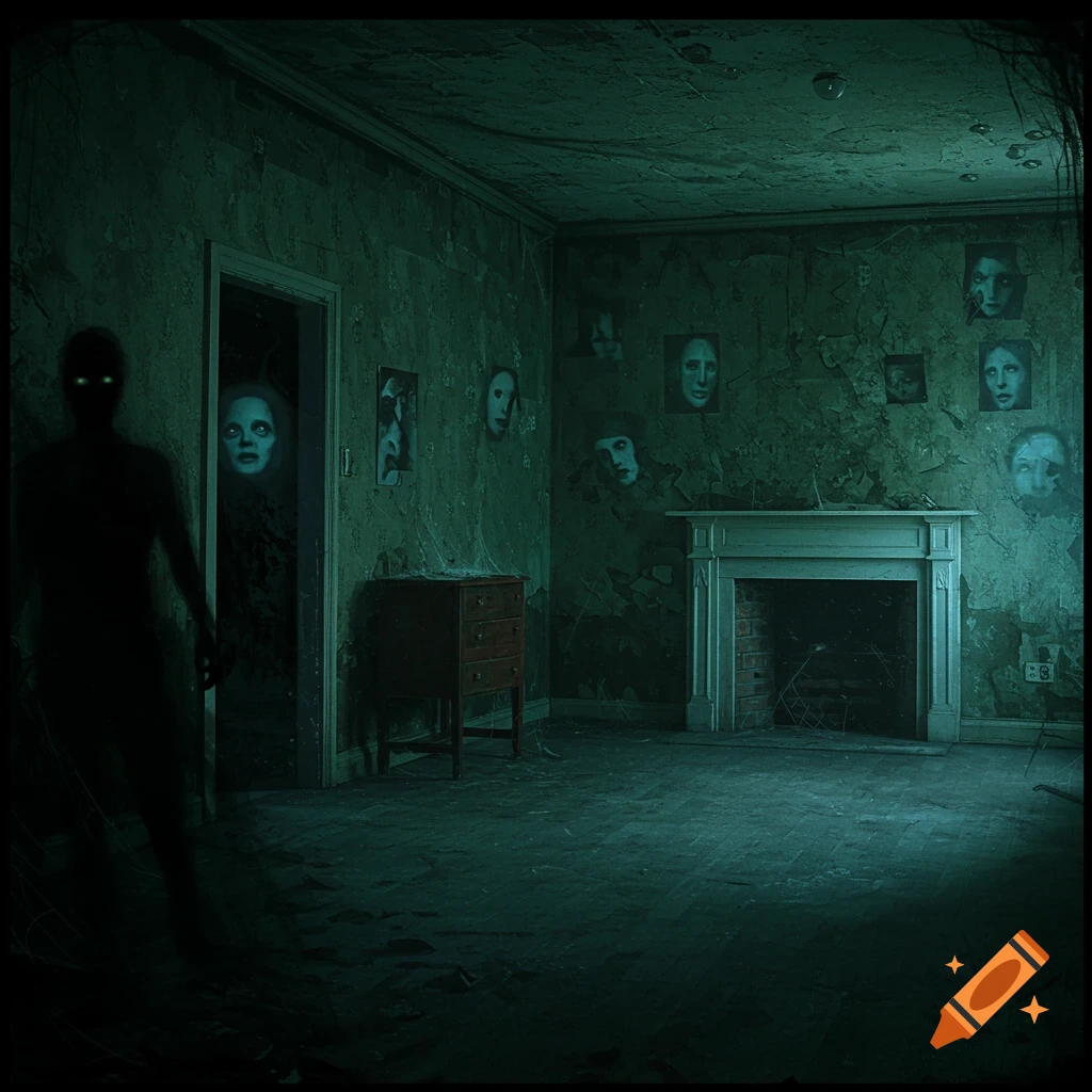 Dark room with ghostly figures and faces on the walls.