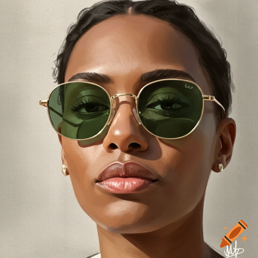 A close-up portrait of a woman wearing round green sunglasses.