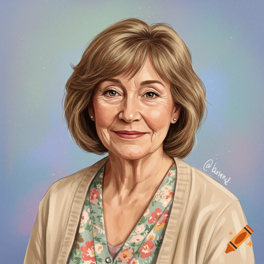 An older woman smiling, wearing a floral top and cardigan.