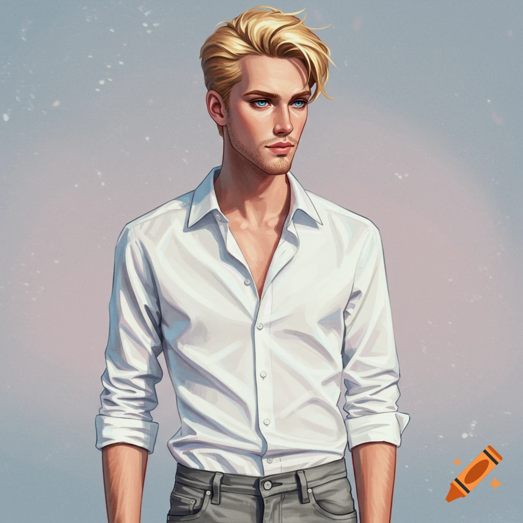 A young man with blonde hair and blue eyes wearing a white button-up shirt and grey jeans.