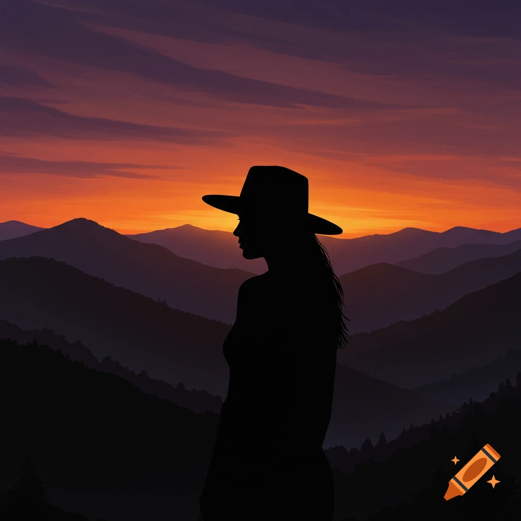 Silhouette of a woman in a hat against a sunset over mountains.