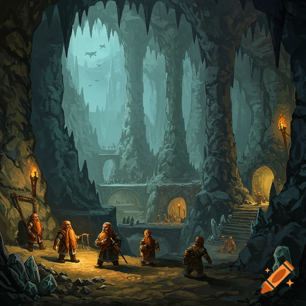 Dwarves exploring a vast, dark underground cave system with stone structures and glowing torches.