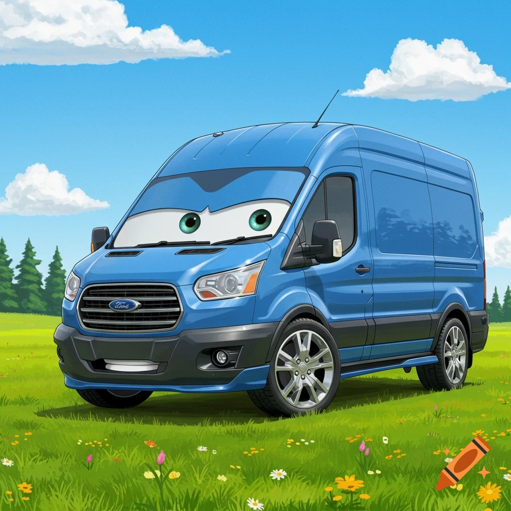 A blue Ford Transit van with cartoon eyes on the windshield stands in a grassy field with flowers under a cloudy sky, in the style of Pixar's Cars.